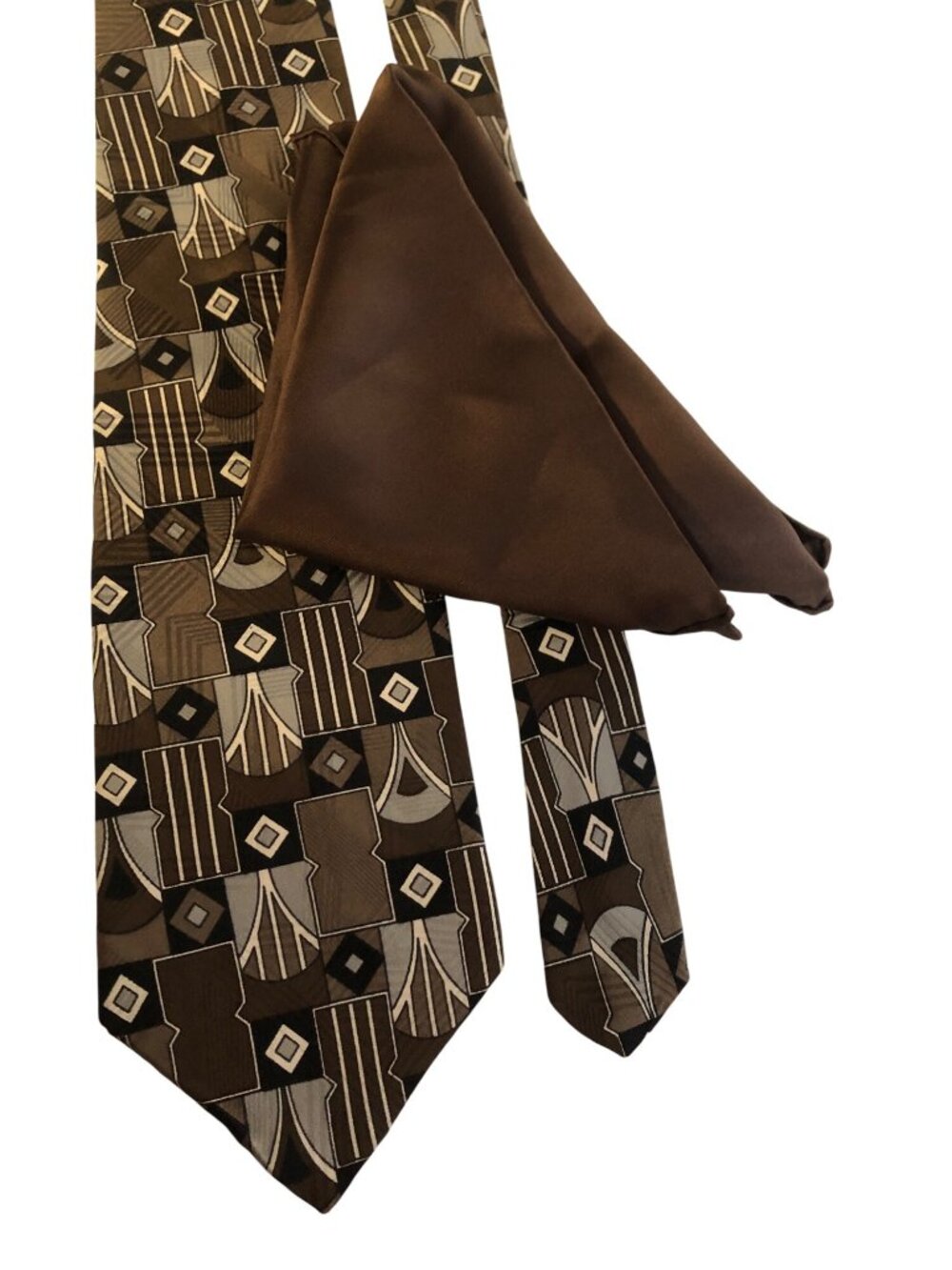 Don Loper Brown Geometric Silk Tie and Solid Pocket Square USA Office Formal